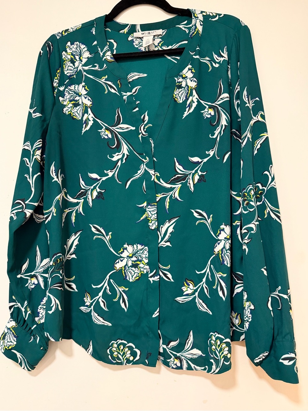 White House Black Market Teal Floral V-Neck Button Blouse